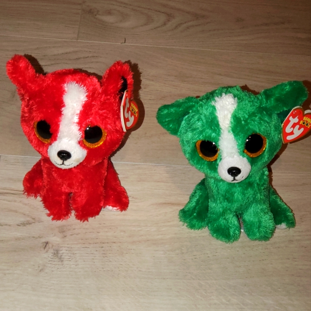 Ty Beanie Babies Red & Green Plush Puppies with White Accents
